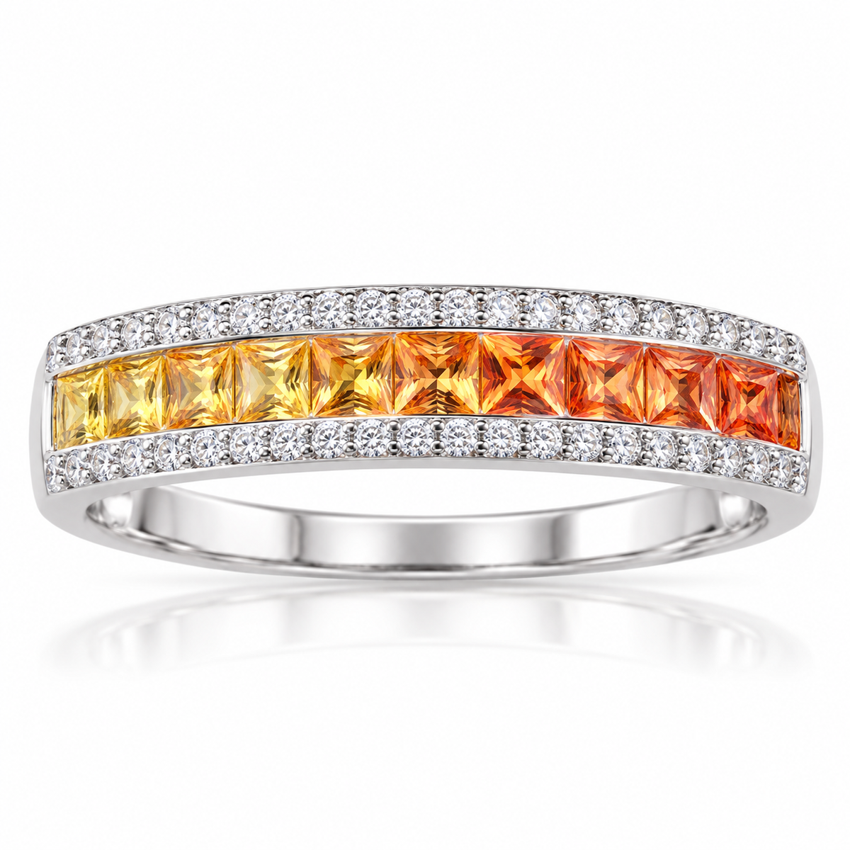 Natural yellow to orange sapphire gradient ring featuring square 2.2mm sapphire gemstones in an elegant arrangement.
