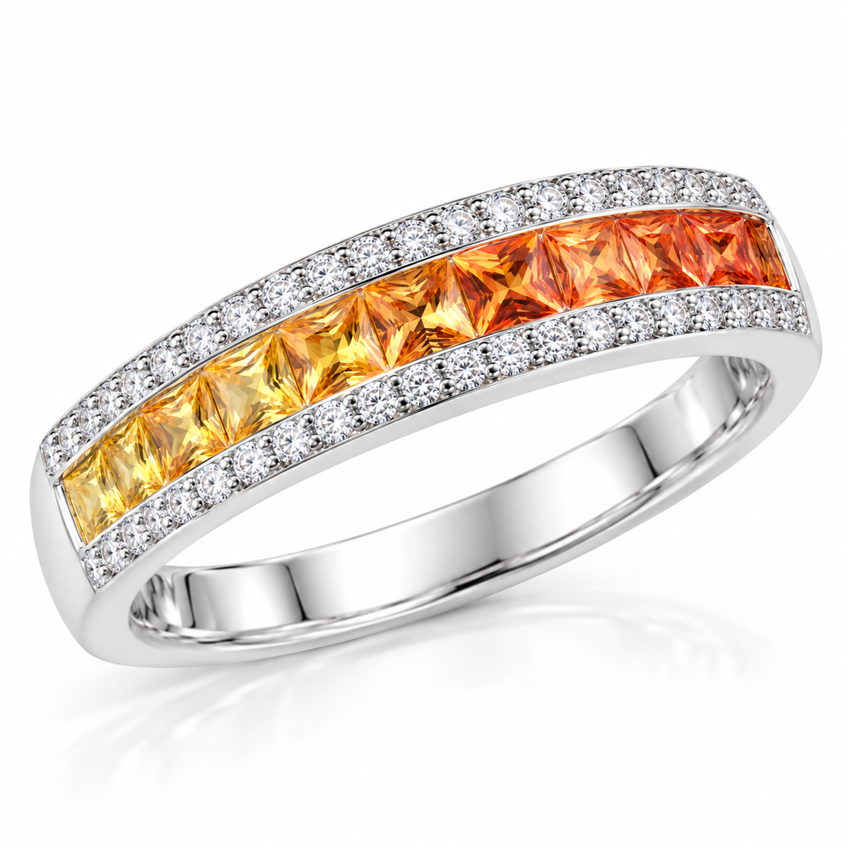 Natural yellow and orange sapphire ring with square 2.2mm gemstones photographed from a 45-degree angle.