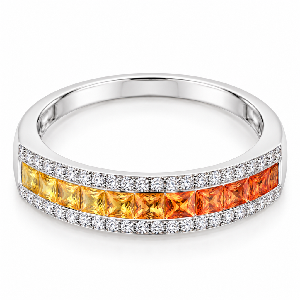 Top-down view of a natural sapphire ring featuring square 2.2mm gemstones arranged from yellow sapphire to orange sapphire.