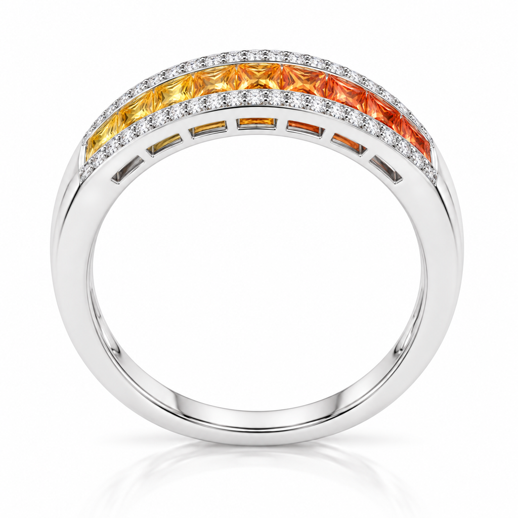Side profile of a natural yellow to orange sapphire ring showing the gemstone arrangement and ring setting.
