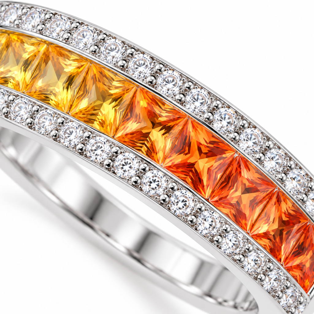 Close-up detail of the square 2.2mm natural yellow and orange sapphire gemstones in a gradient-inspired ring design.