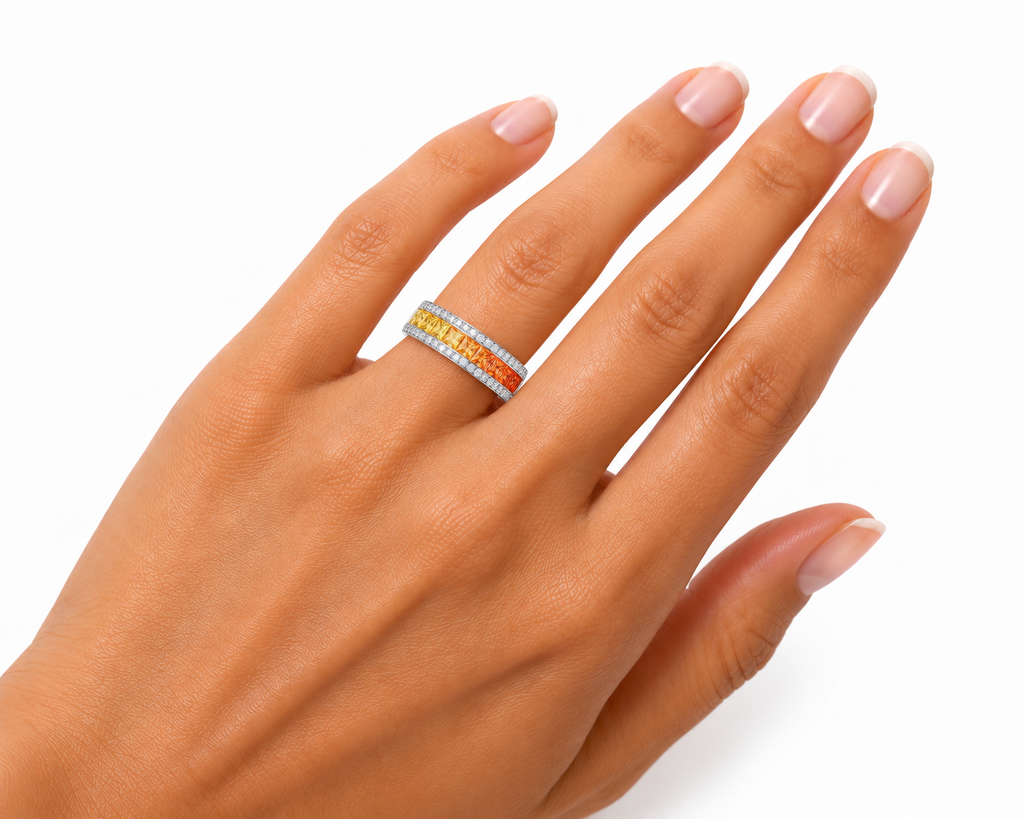 Yellow and Orange Gradient Sapphire Ring with 2.2mm Square Gemstones on a Hand Model with a White Background