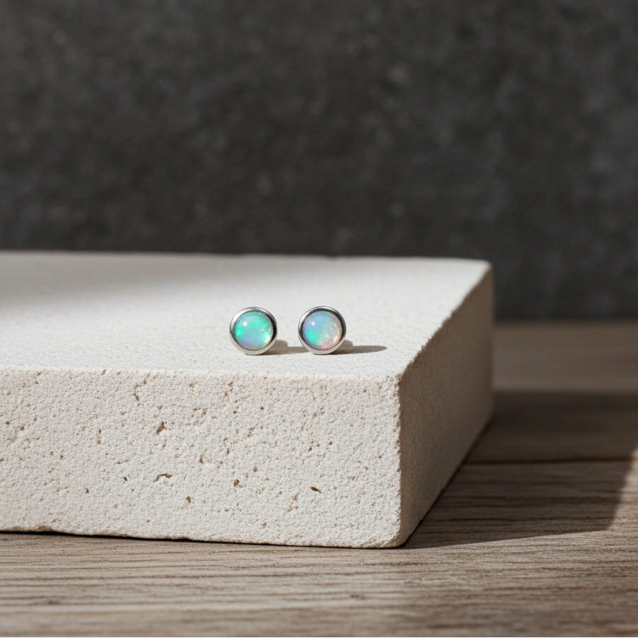 Pair of opal stud earrings on a white stone surface with a dark background