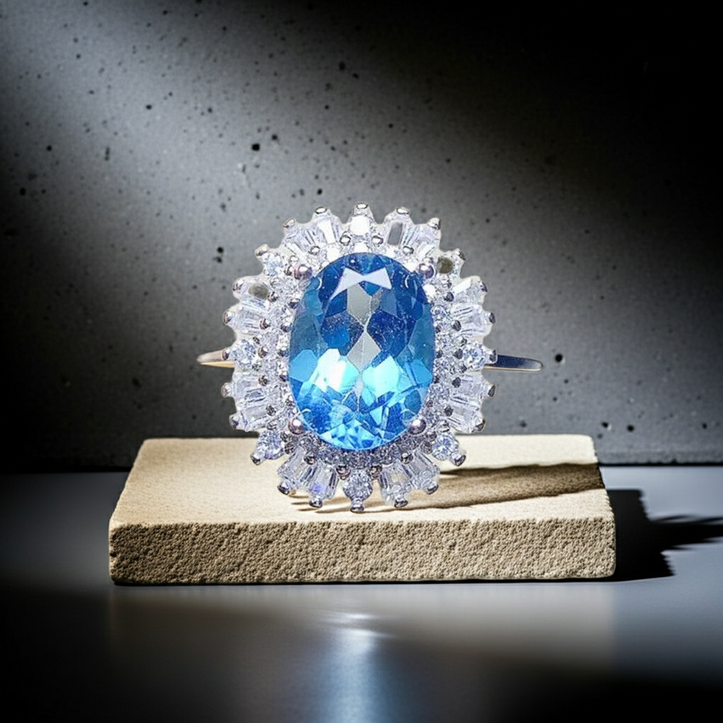 Natural Swiss Blue Topaz Gemstone Ring 6x8mm 1.6CT