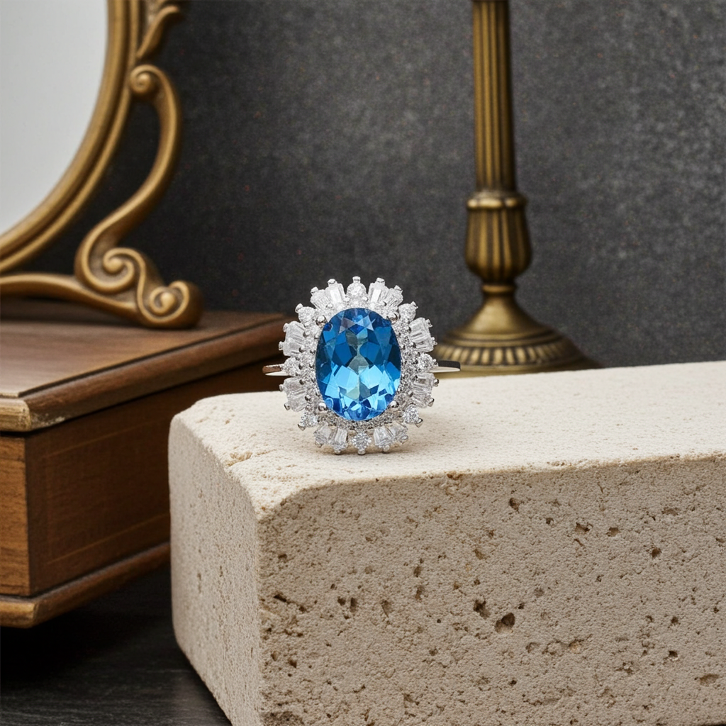 Natural Swiss Blue Topaz Gemstone Ring 6x8mm 1.6CT