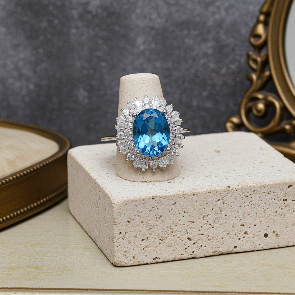Natural Swiss Blue Topaz Gemstone Ring 6x8mm 1.6CT