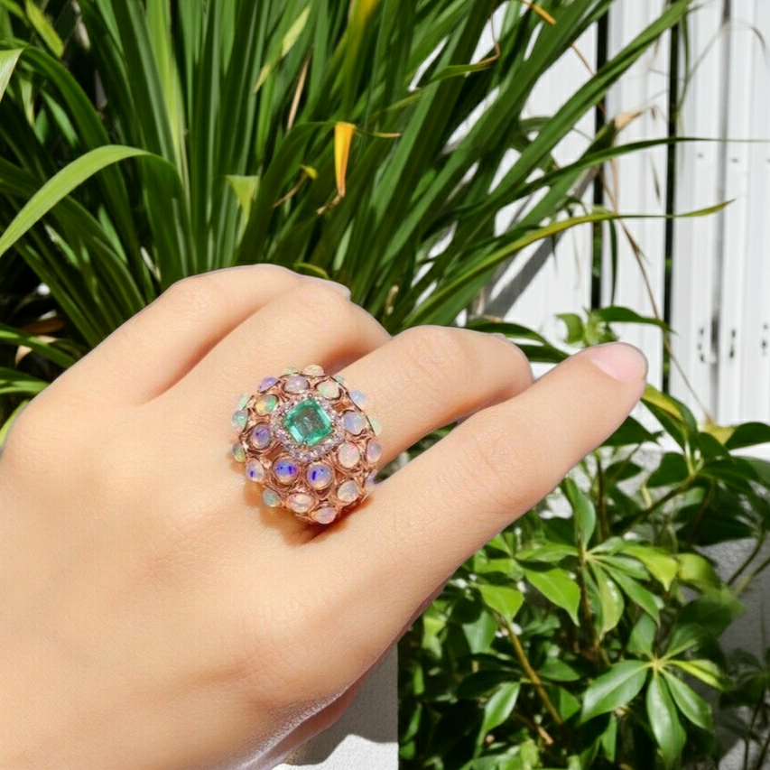 White Opal Fire & Emerald Turkish Ring 5mm
