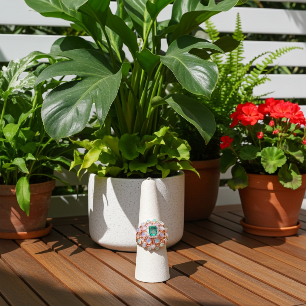 White Opal Fire & Emerald Turkish Ring 5mm