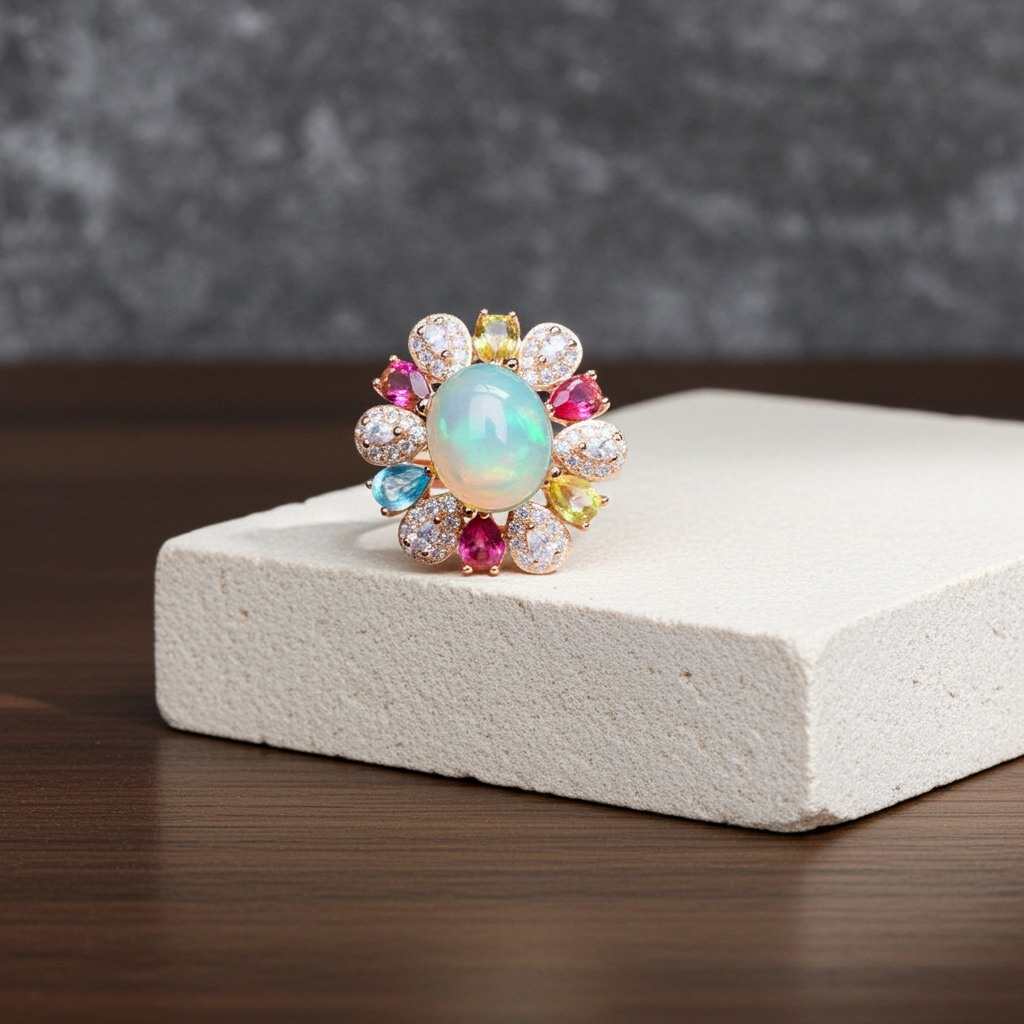 Ruby Sapphire Peridot Topaz and Opal Gemstone Ring