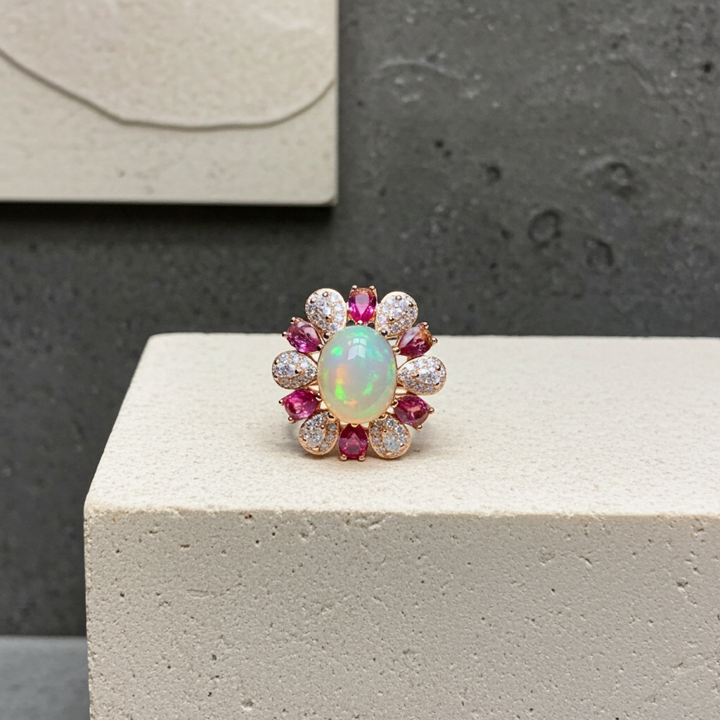 Ruby Sapphire Peridot Topaz and Opal Gemstone Ring