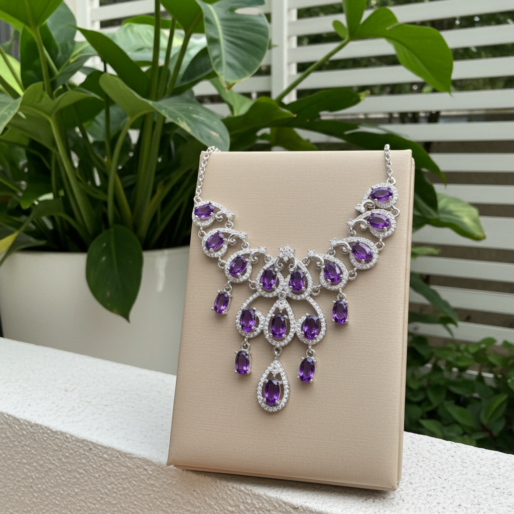 Natural Amethyst Gemstone Necklace 925 Sterling Silver