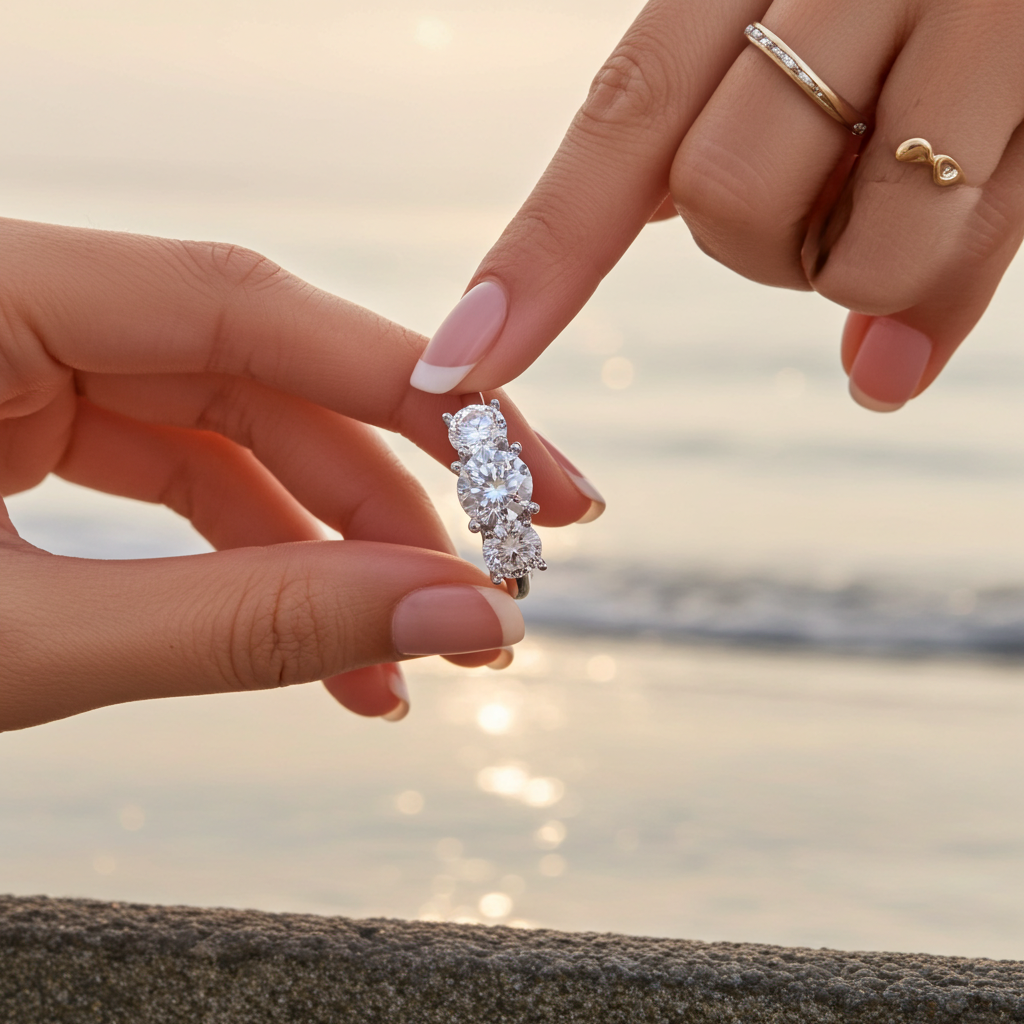2 Carat Three Stone White Moissanite Ring – 1 Carat Center VVS1 Sterling Silver Engagement Ring