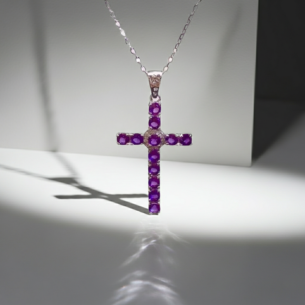 Natural Amethyst Cross Necklace 3mm 925 Sterling Silver