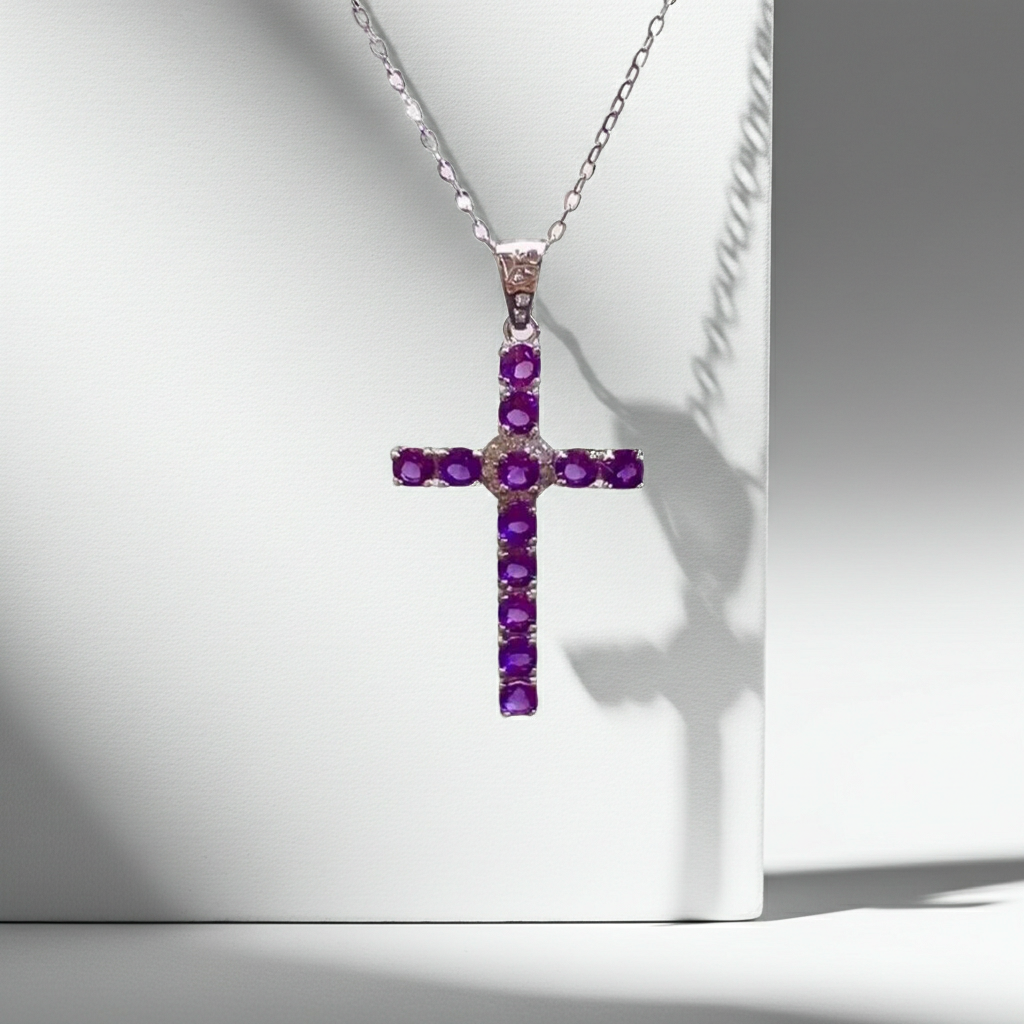 Natural Amethyst Cross Necklace 3mm 925 Sterling Silver