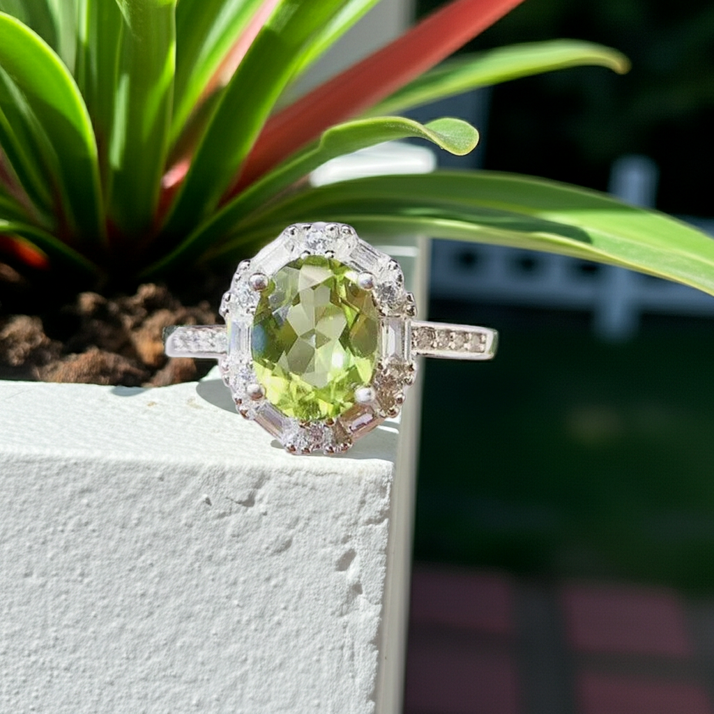 Natural Peridot Gemstone Ring 7x9mm 2CT, August Birthstone Peridot Ring