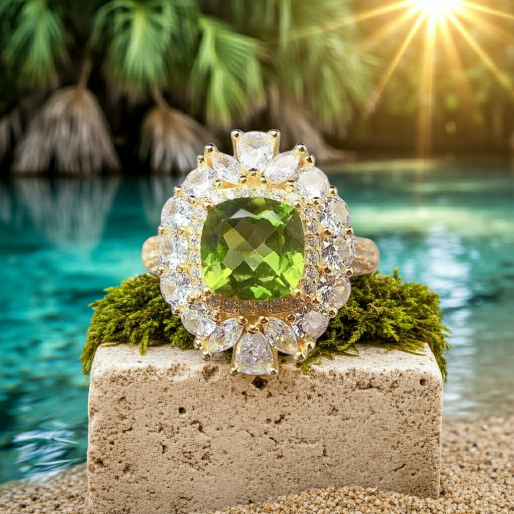 Natural Peridot Gemstone Crystal Cluster Ring 8mm