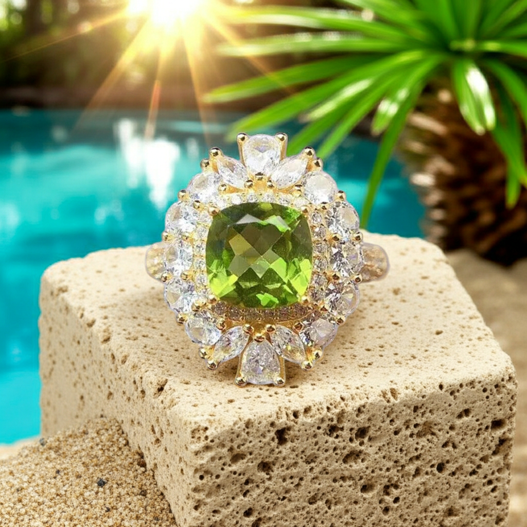 Natural Peridot Gemstone Crystal Cluster Ring 8mm