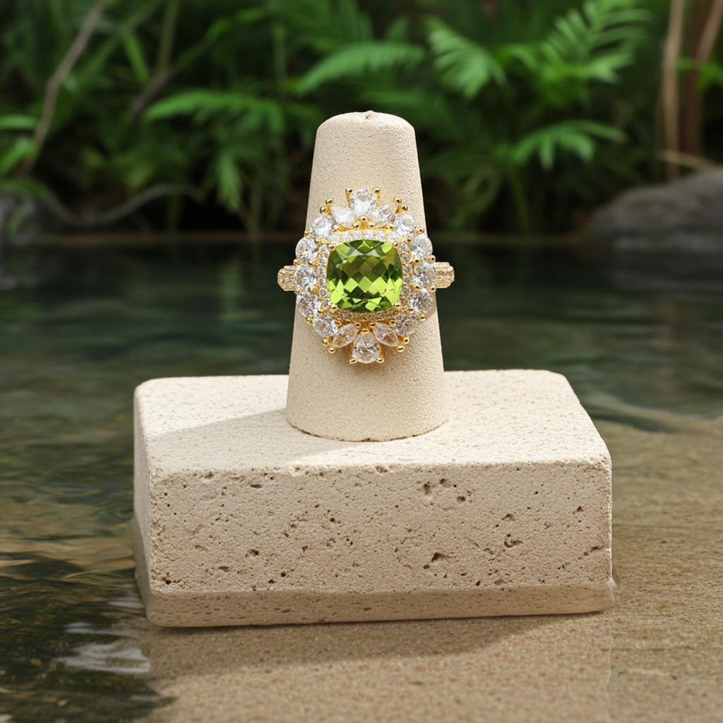 Natural Peridot Gemstone Crystal Cluster Ring 8mm