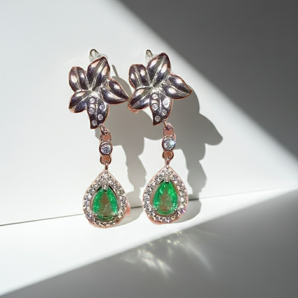 Natural Emerald Flower Dangle Earrings 4x6mm Platinum Plated