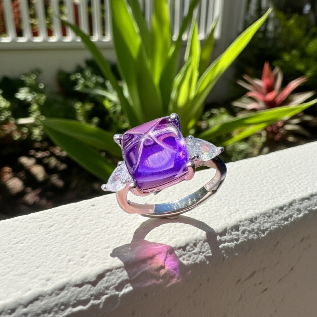 4CT Sugarloaf Cut Amethyst Gemstone Ring 10x10mm