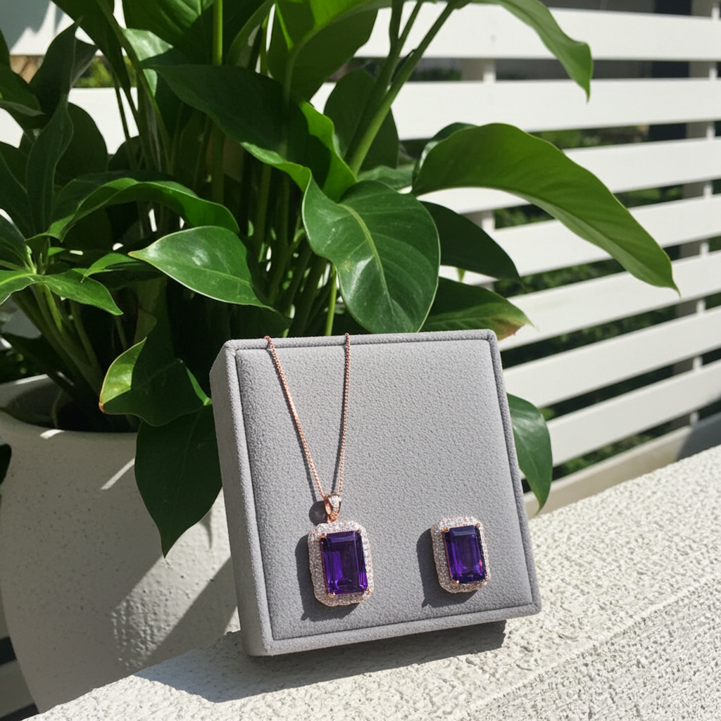15CT Emerald Cut Amethyst Jewelry Set 10x14mm