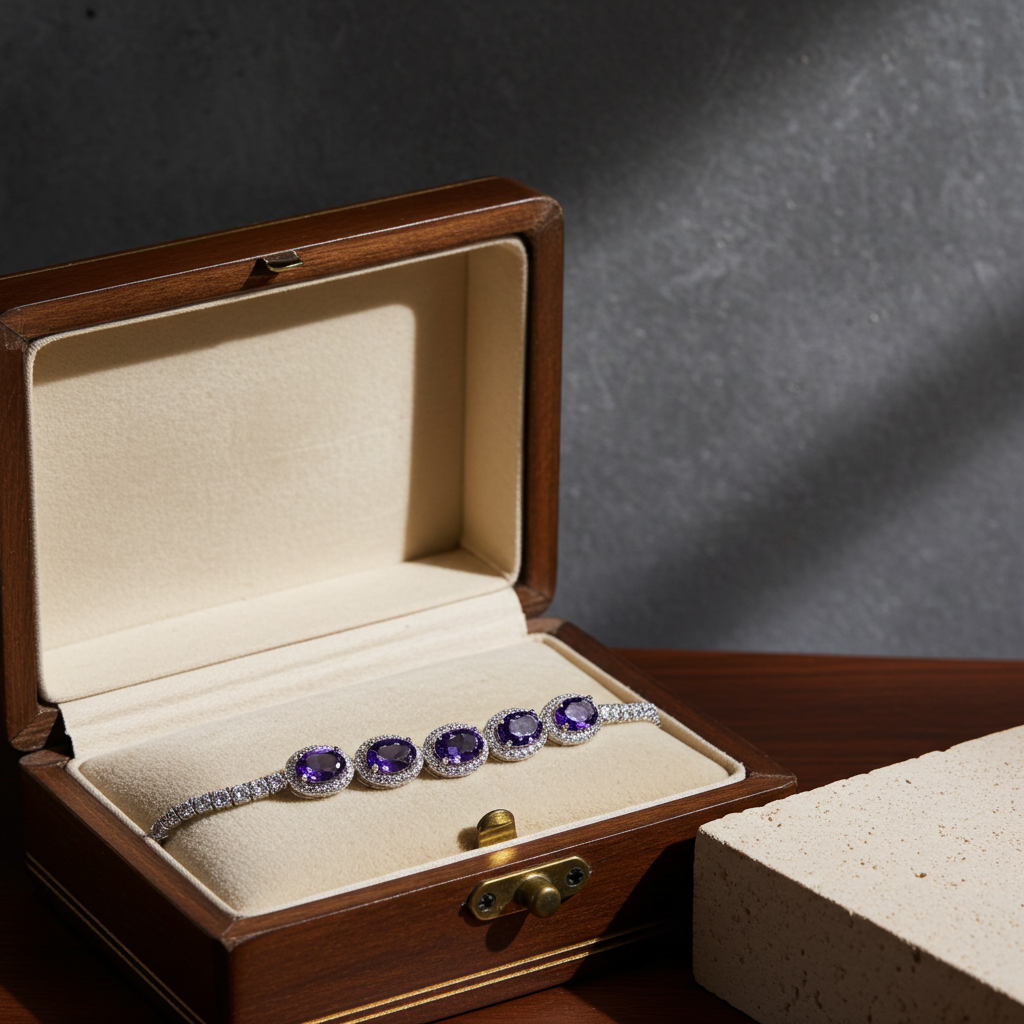 Natural Amethyst and Cubic Zirconia Tennis Bracelet 4x6mm