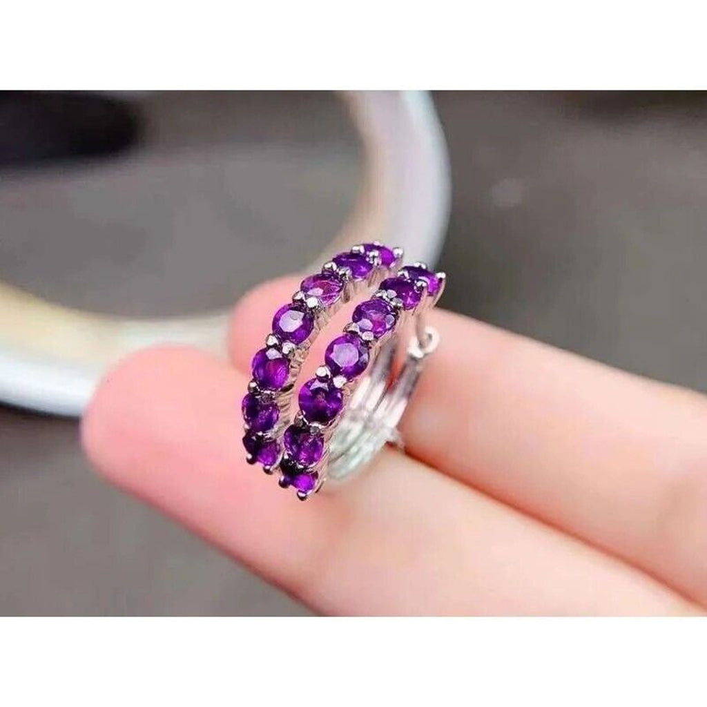 Natural Amethyst Hoop Earrings Platinum Plated 3mm, Amethyst Earrings Silver