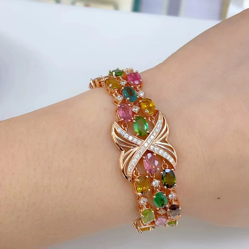 Multicolor Tourmaline Rose Gold Bracelet, Brazilian Tourmaline Tennis Bracelet