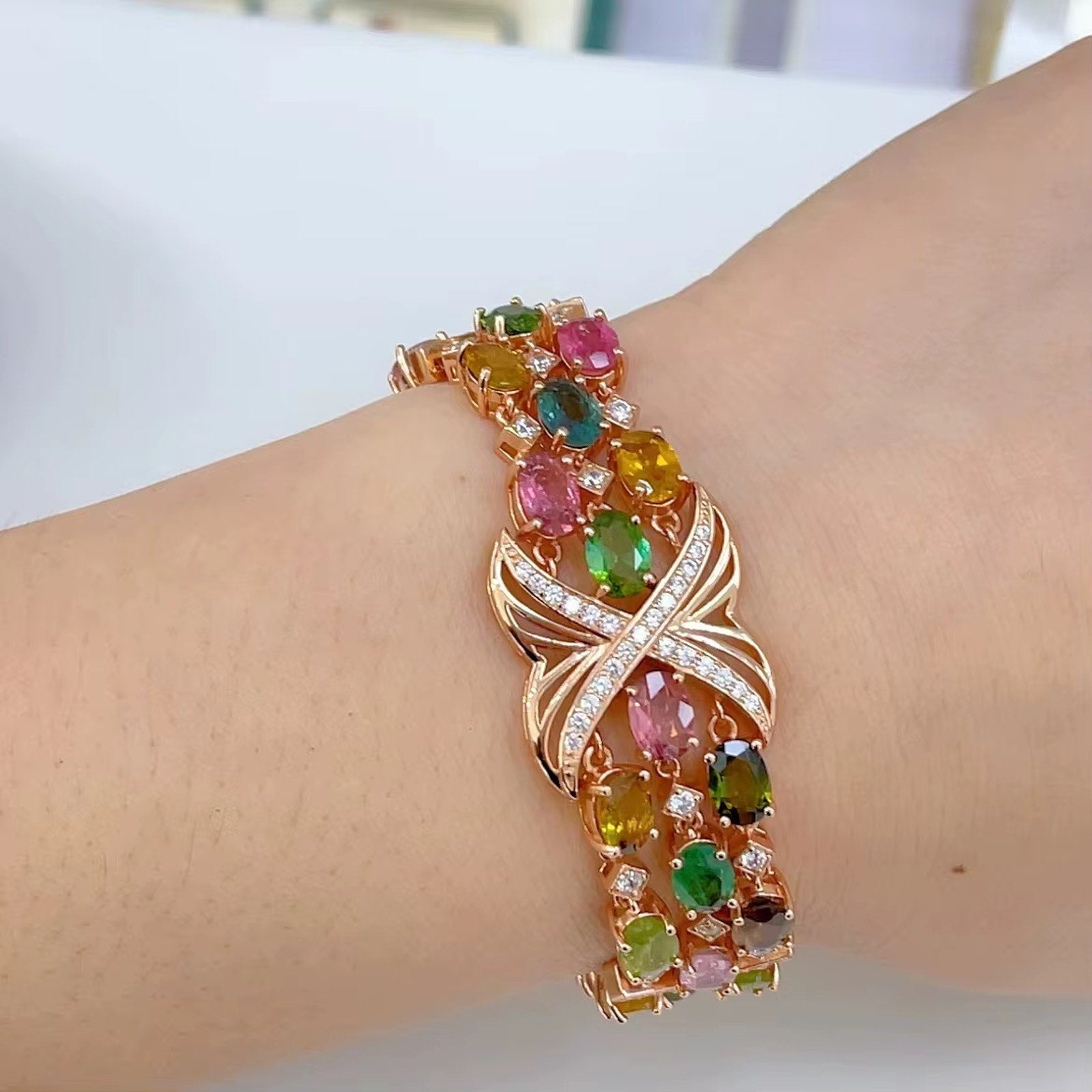 Multicolor Tourmaline Rose Gold Bracelet, Brazilian Tourmaline Tennis Bracelet