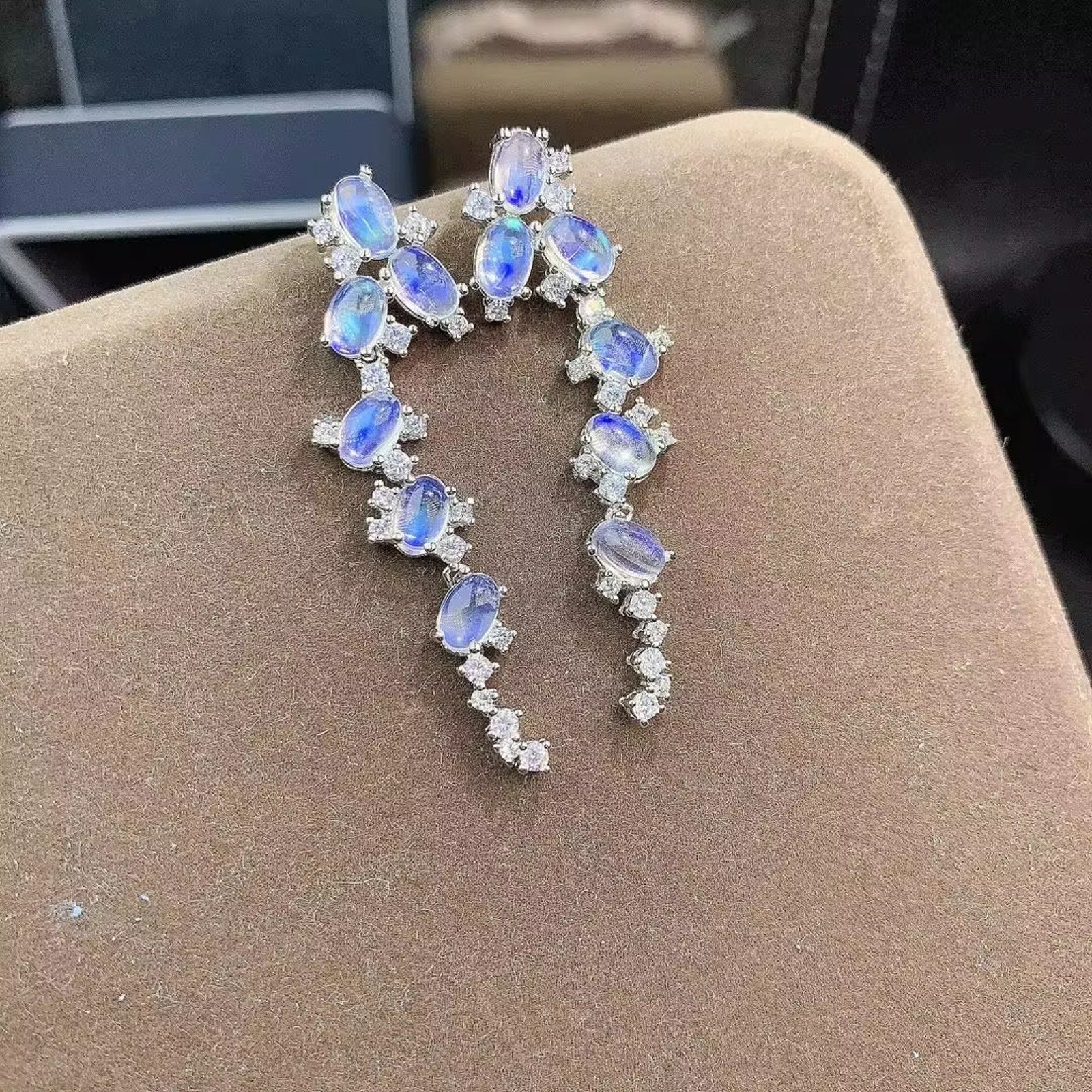 Blue Moonstone Drop Dangle Earrings 925 Sterling Silver