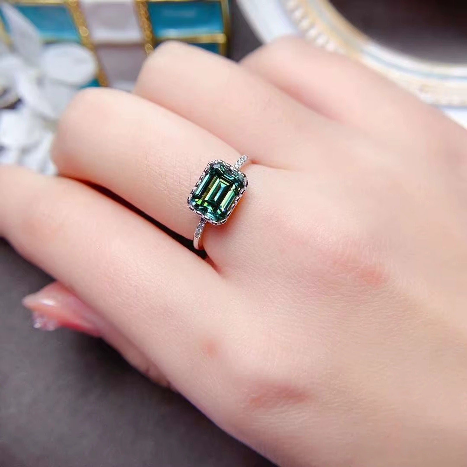 Emerald Cut Moissanite, Green Emerald Cut Moissanite Ring, Green Moissanite Rings, Moissanite, Green Moissanite Ring, 2 Carat Moissanite RIng, Moissanite Ring, Moissanite, VVS1 Miossanite, Gray Moissanite, White Moissanite, Solitaire Moissanite Ring, Round Brilliant Cut Moissanite Ring, Moissanite Ring, Round Brilliant Cut, 5 Carat Moissanite Ring, Moissanite Jewelry