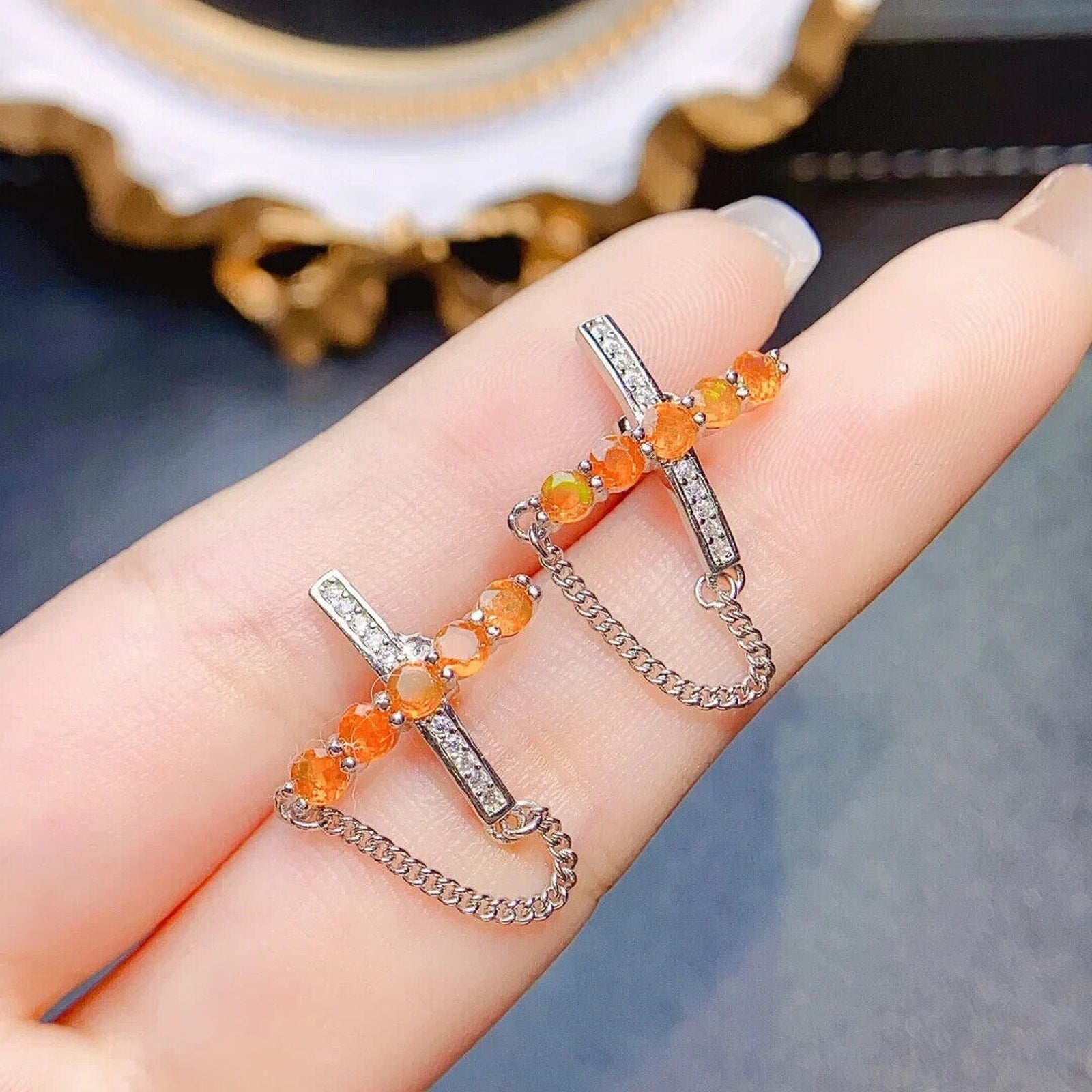 Orange Fire Opal Statement Earrings, Natural Orange Opal Stud Earrings 3mm