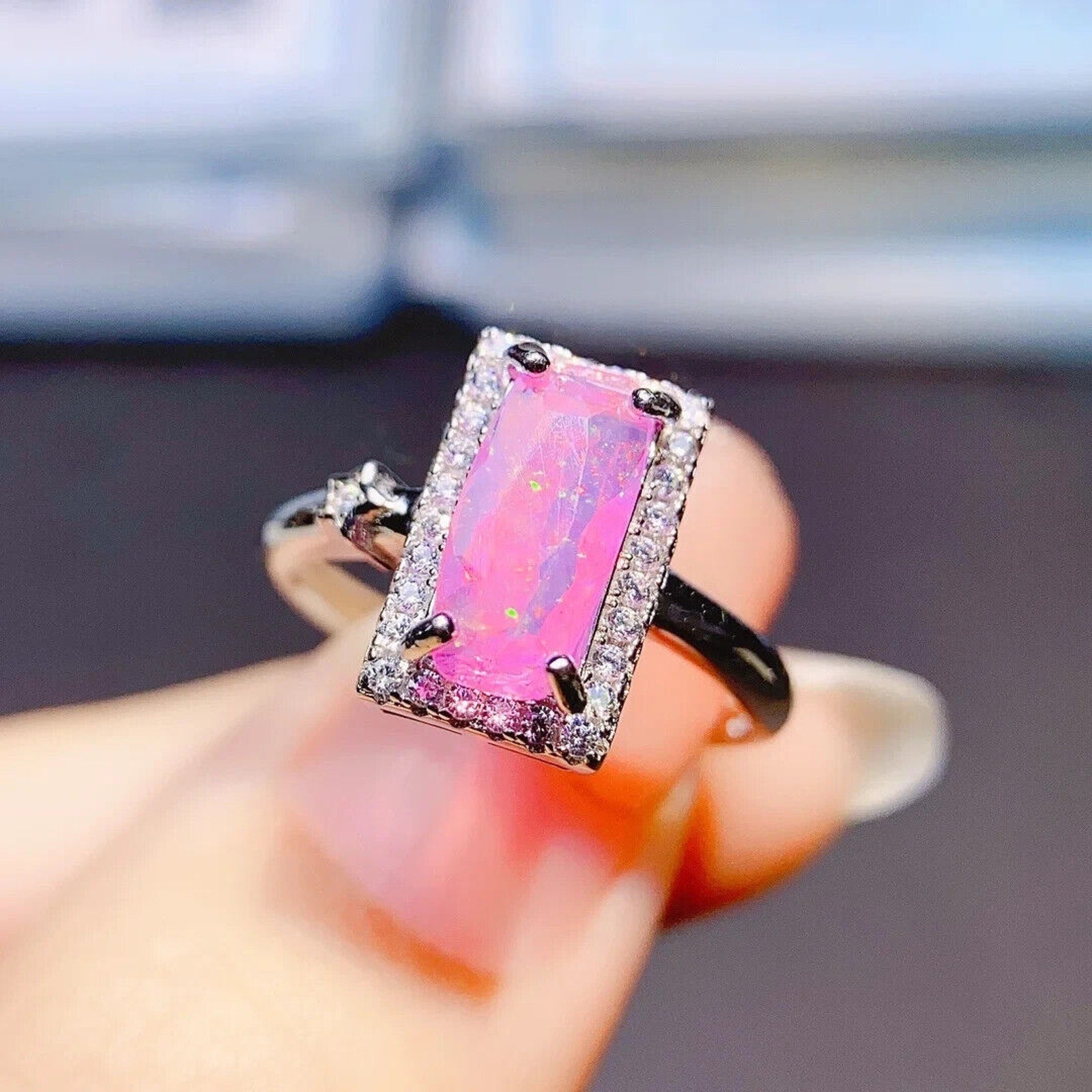 Pink Fire Opal Gemstone Ring 5x10mm, Natural Pink Fire Opal Statement Ring