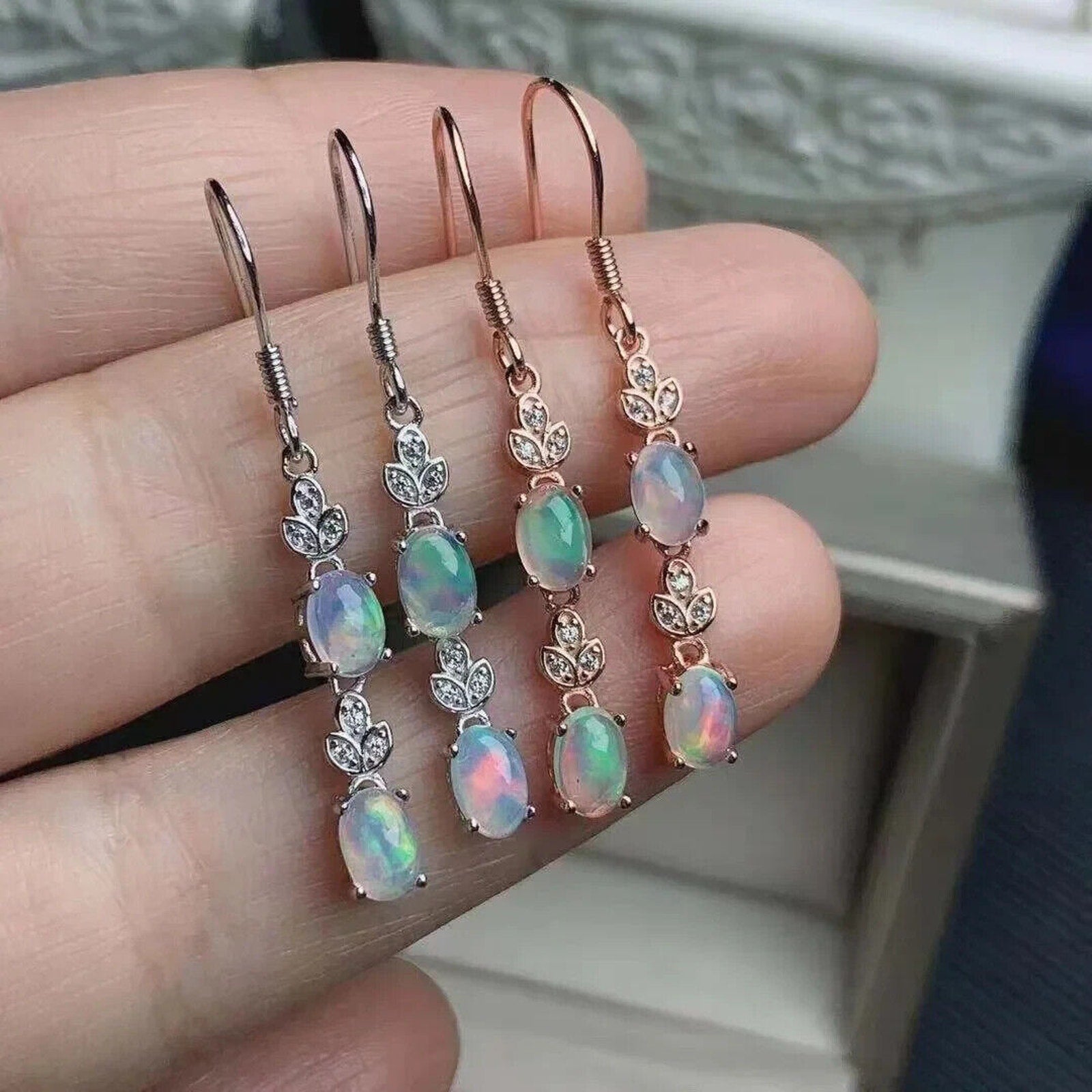 Natural Fire Opal Dangle Earrings, Colorful Fire Opal Earrings 4x6mm Sterling