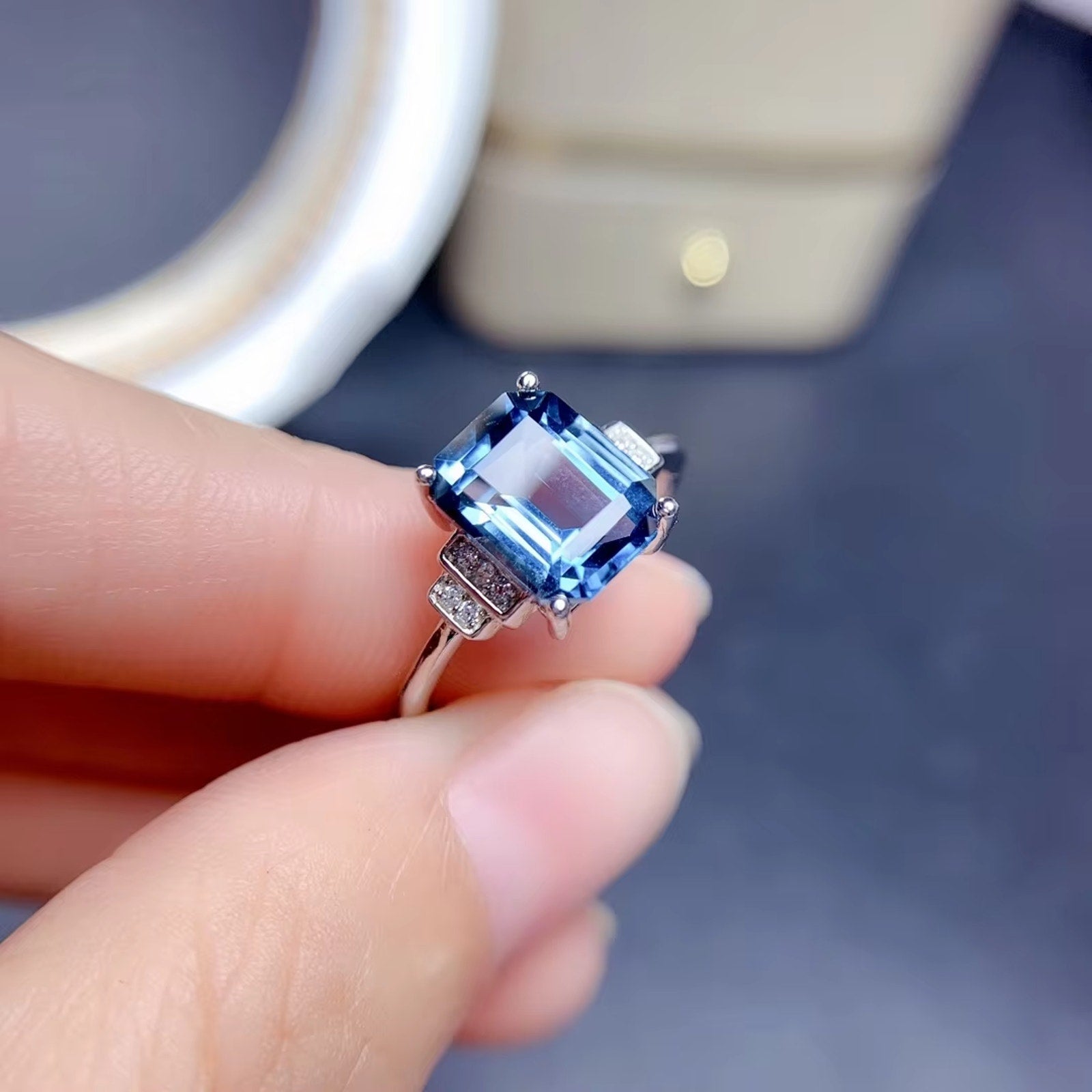 Emerald Cut London Blue Topaz Ring 925 Sterling Silver, London Blue Topaz 7x9mm