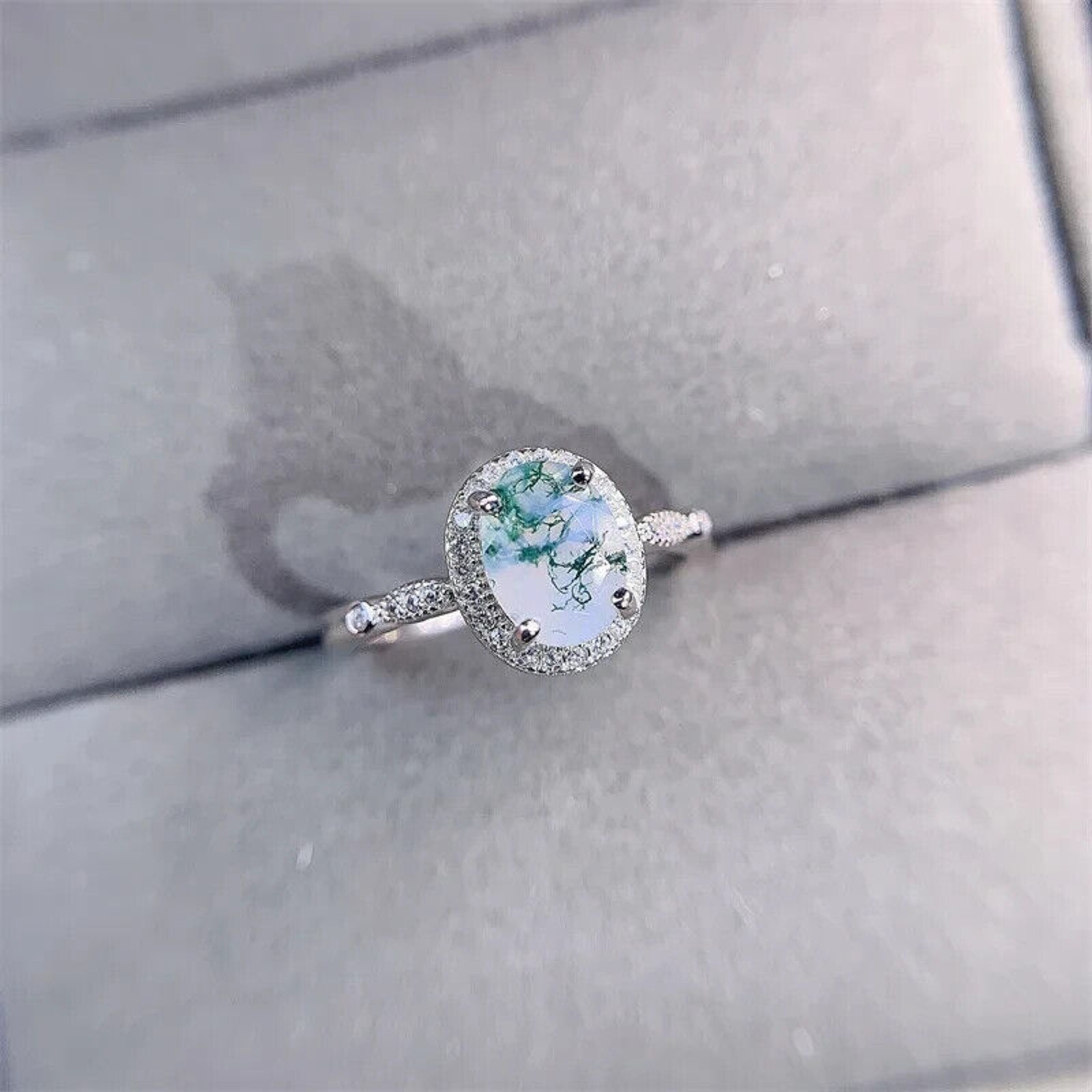 Dainty Moss Agate Gemstone Ring, Natural Moss Agate Sterling Silver Ring