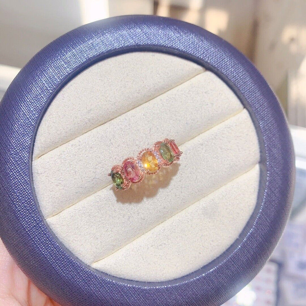 Natural Tourmaline Multicolor Band Ring, Tourmaline Gemstone Ring Silver