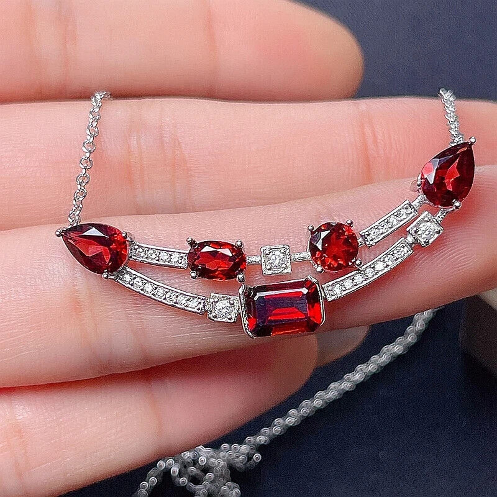 Natural Red Garnet Clavicle Chain Necklace, Natural Red Garnet Gemstone Necklace