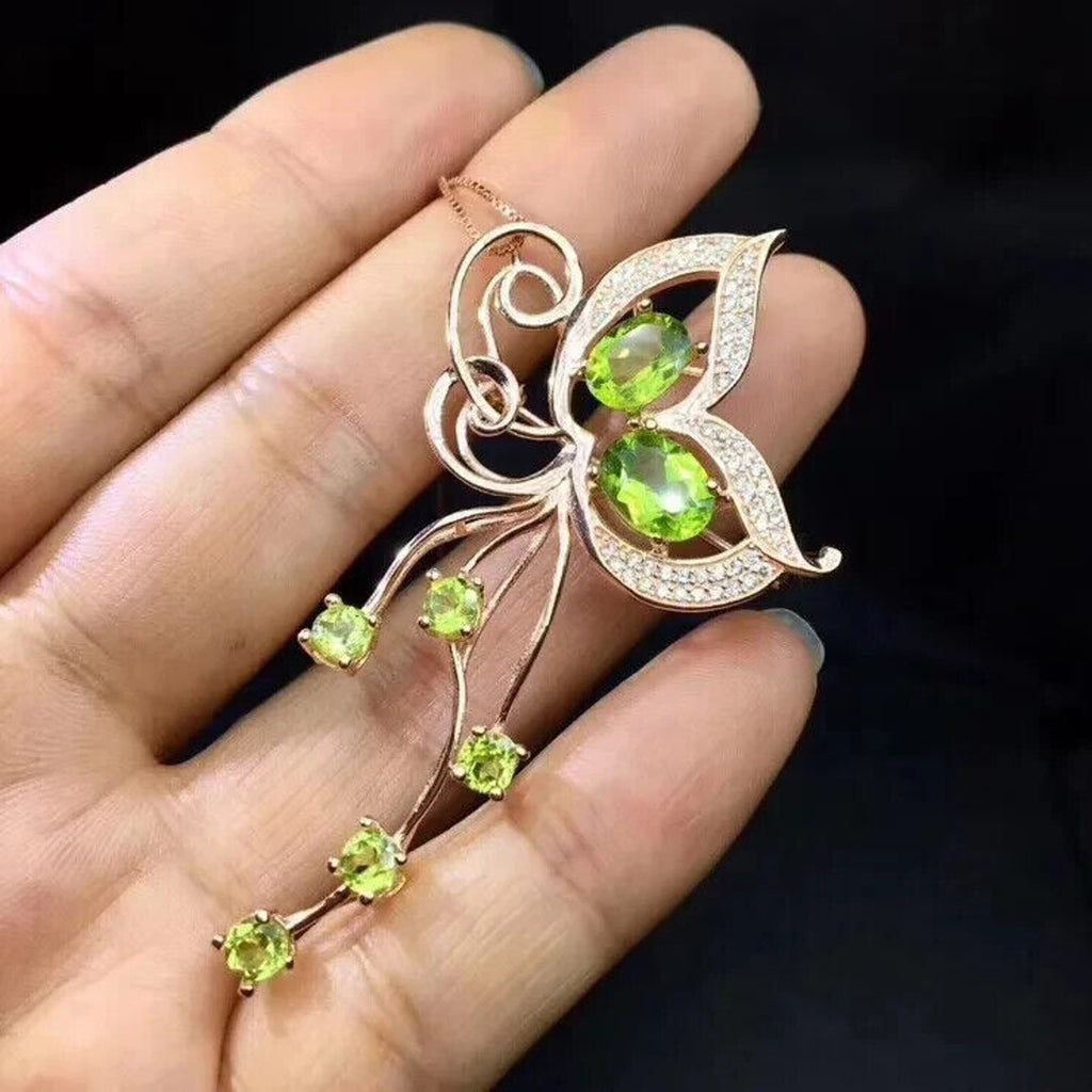 Natural Peridot Butterfly Brooch Pin 18k Rose Gold Plated, Peridot Brooch Pin
