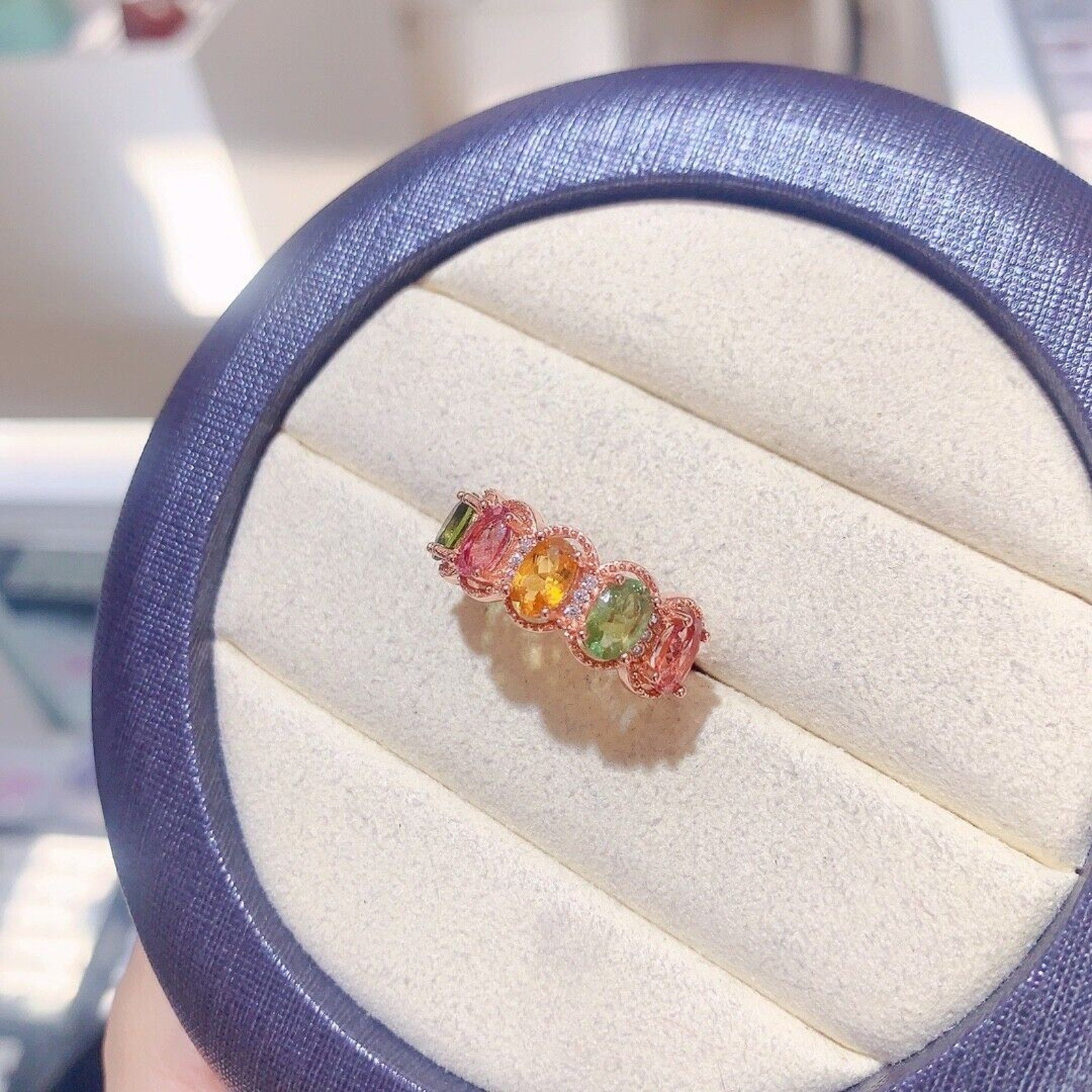 Natural Tourmaline Multicolor Band Ring, Tourmaline Gemstone Ring Silver