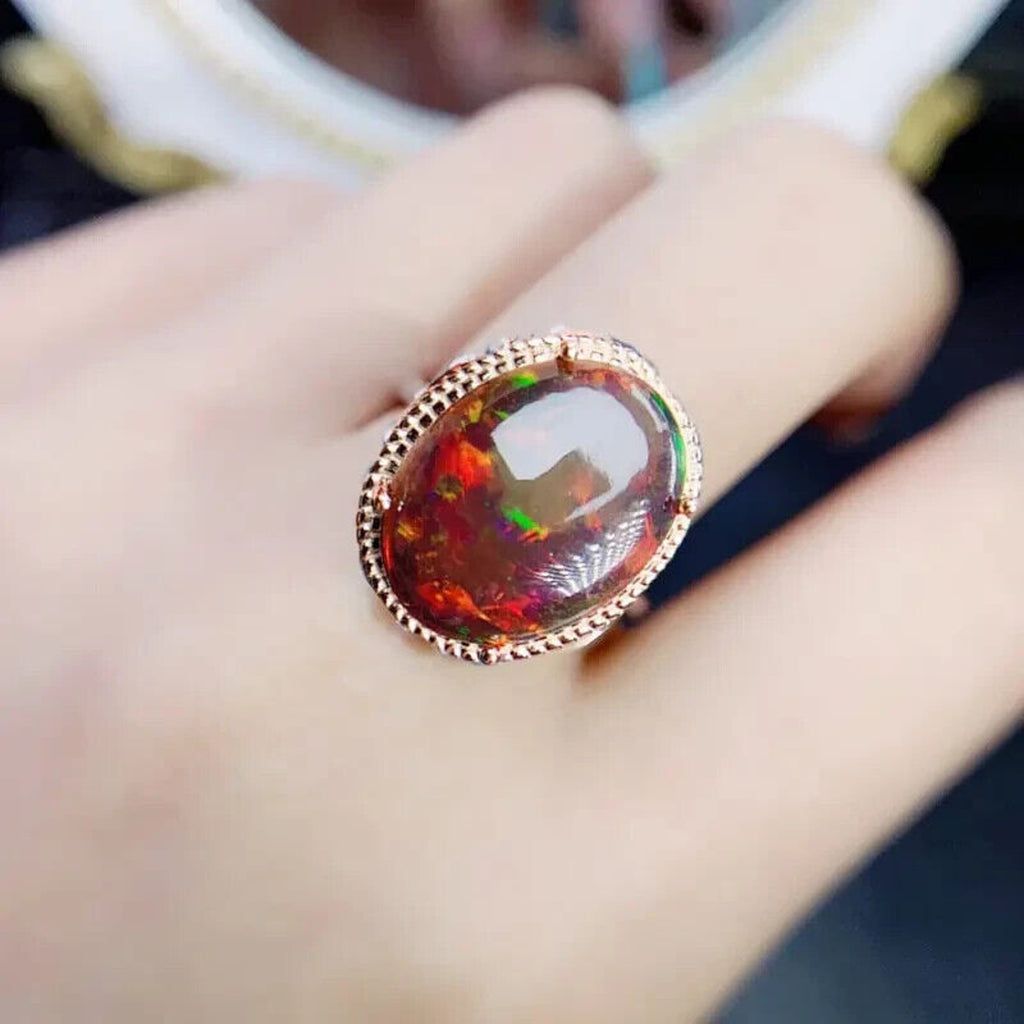 Huge Black Fire Opal Statement Ring 12x16mm, Natural Fire Opal Ring 925 Sterling