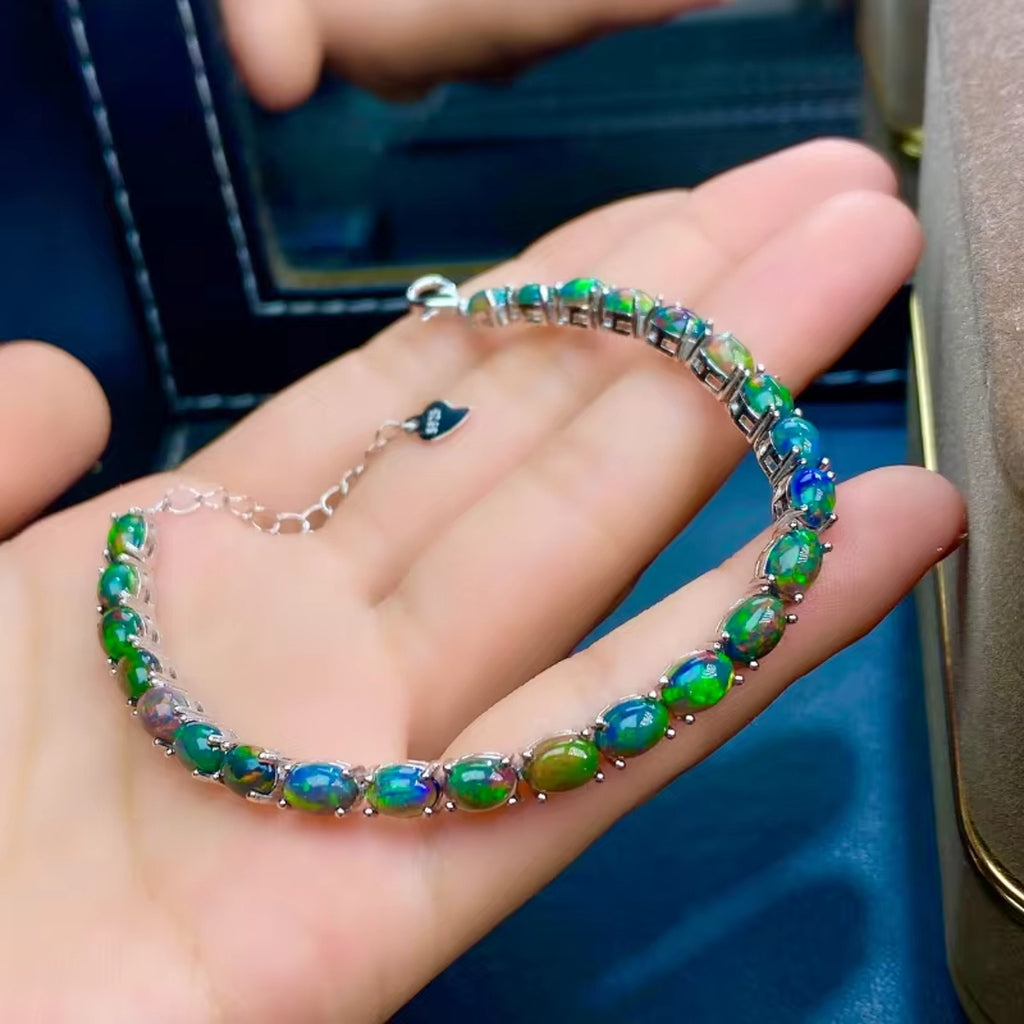 Black Fire Opal Tennis Bracelet, Colorful Opal Bracelet 925 Sterling Silver