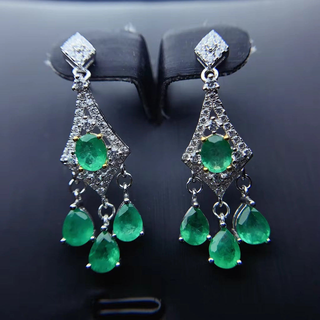 Natural Emerald Dangle Earrings, Women's Emerald Earrings Platinum Plated Silver