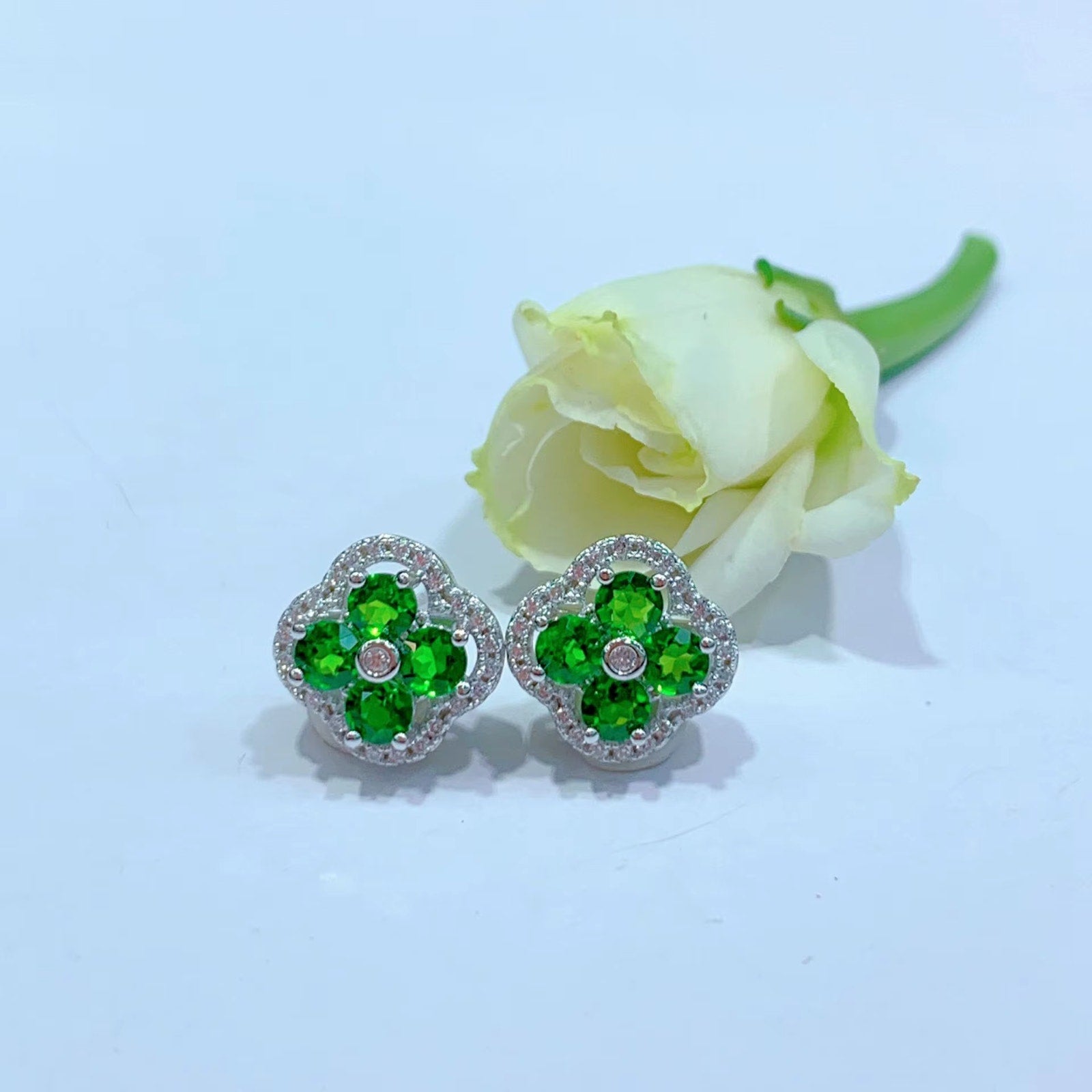 Natural Chrome Diopside Flower Stud Earrings 925 Sterling Silver