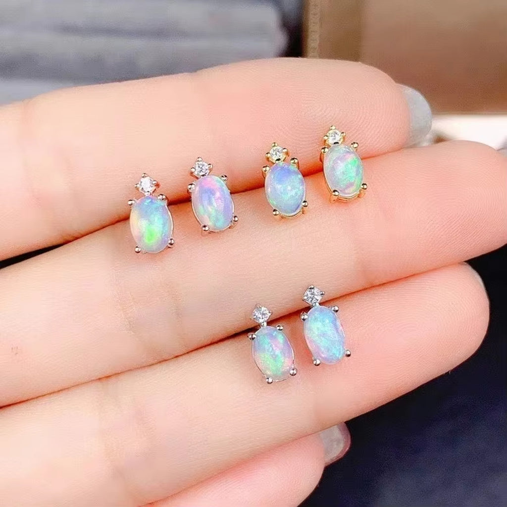Natural Fire Opal Earrings, Women's Opal Stud Earrings 925 Sterling Silver 4x6mm