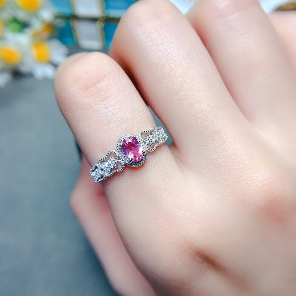 Dainty Pink Tourmaline Gemstone Ring 4x6mm Platinum Plated Silver