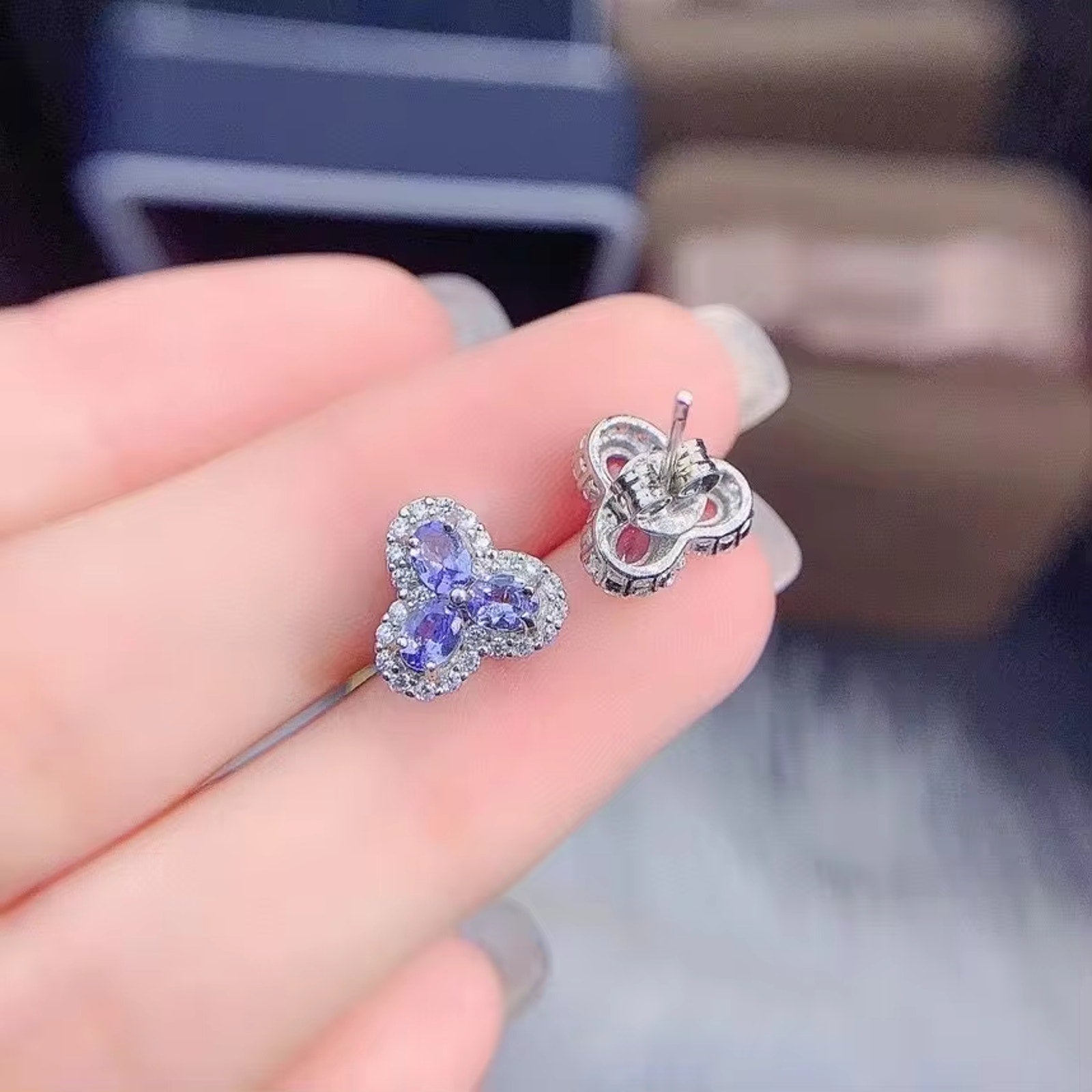 Purple Tanzanite Earrings, Tanzanite Gemstone Flower Earrings Sterling Silver