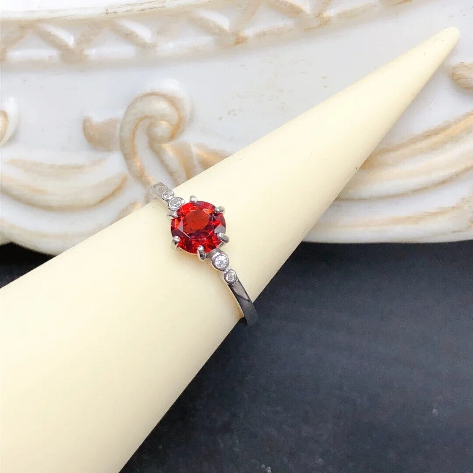 Red Garnet Round Cut Cocktail Ring 6x6mm 925 Sterling Silver Platinum Plated