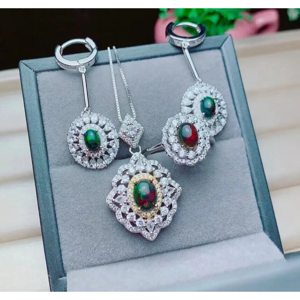 Natural Black Opal Jewelry Set, Black Opal Statement Necklace and Ring