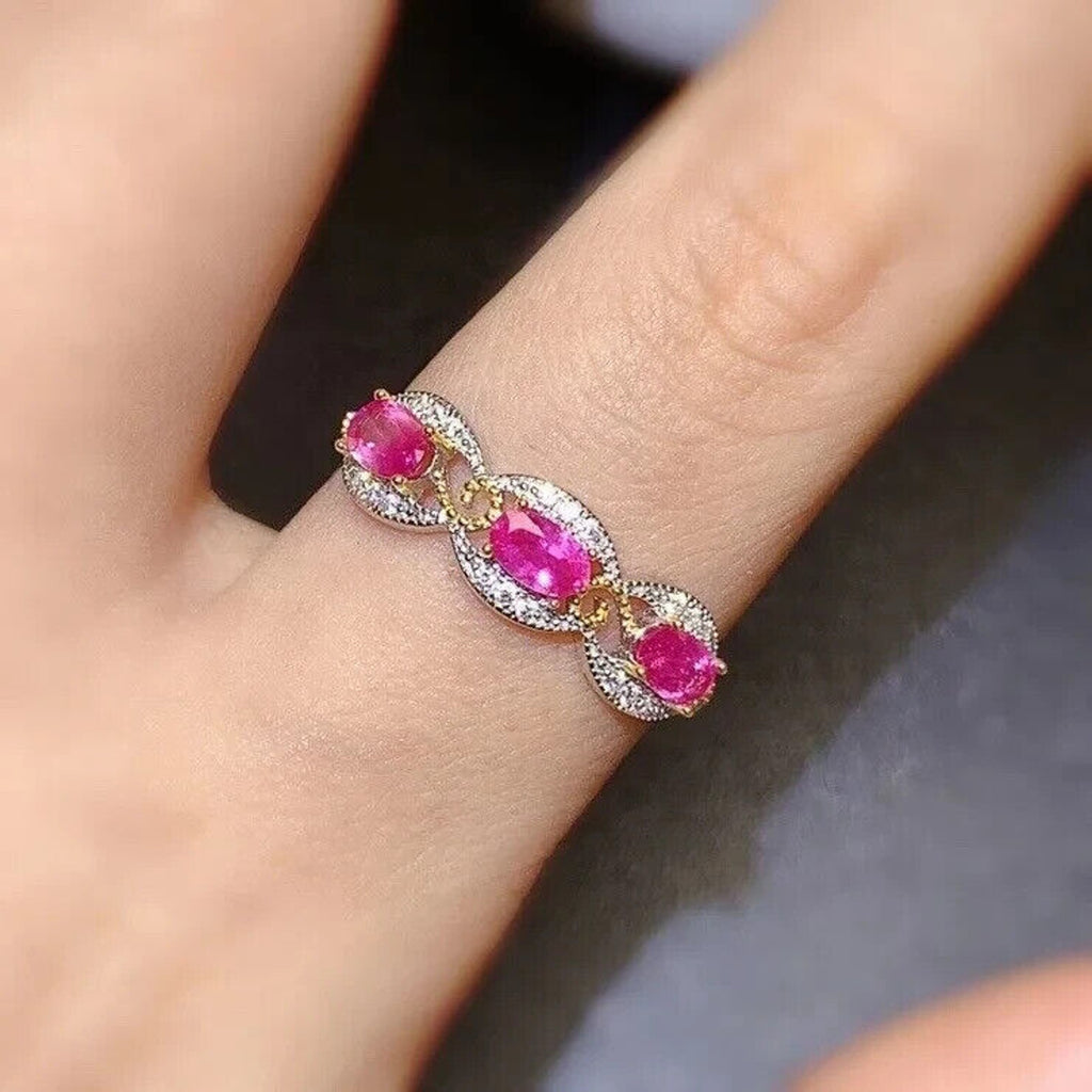 Women's Natural Pink Sapphire Band Ring, Genuine Pink Sapphire Ring Silver